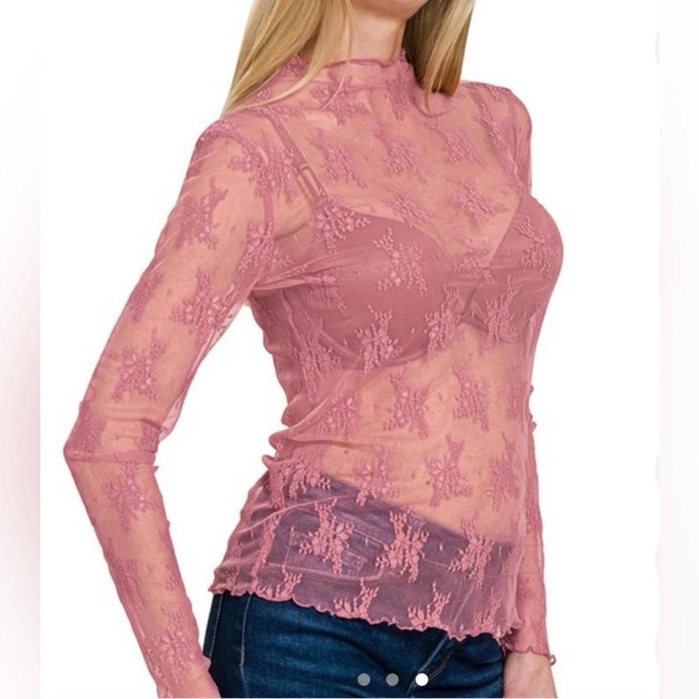 Zenana Mesh Blouse Elegant Sheer Lace Long Sleeve Blouse in Dusty Rose NWT